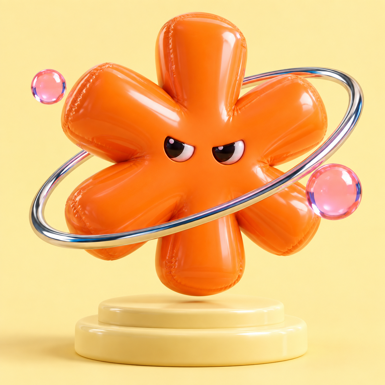 Glossy orange asterisk muse with a chrome orbit and pink glass spheres